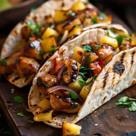 Teriyaki Chicken Tacos with Grilled Pineapple Pear Salsa - Better Homebase Teriyaki Chicken Tacos, Pear Salsa, Bbq Chicken Tacos, Pulled Chicken Tacos, Slow Cooker Mexican Chicken, Ice Cream Pie Recipe, Asian Slaw, Chicken Burrito Bowl, Grilled Teriyaki Chicken