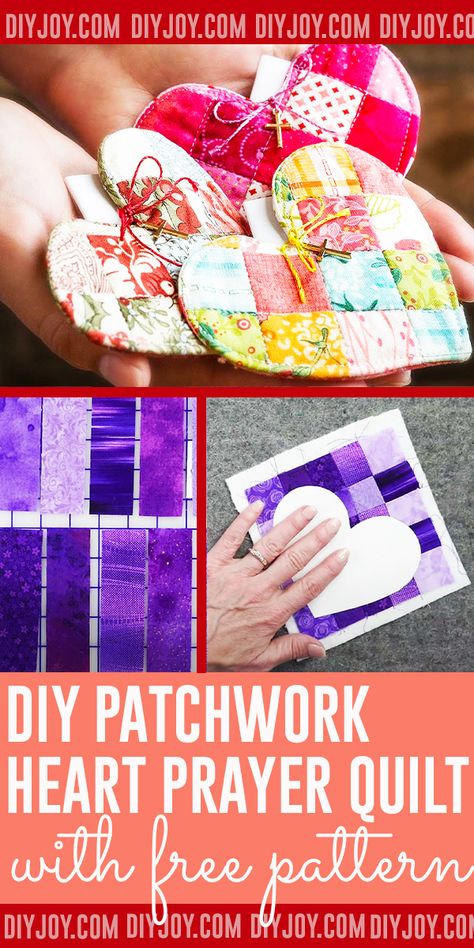 DIY Patchwork Heart Prayer Quilt With Free Pattern - Easy Quilting Ideas for Gifts - DIY Christmas Gifts for Friends - Simple Things to Sew for Christmas Presents - Creative Crafts to Sell on Etsy - Quick Sewing Project Ideas #sewing #diygifts #quilts via @diyjoycrafts Easy Quilt Projects For Gifts, I Found A Quilted Heart Tags, Small Sewing Gifts For Friends, Fabric Prayer Hearts, Fabric Valentine Crafts Sewing Projects, Sewing Valentines Ideas, Sewn Valentine Gifts, Quick Quilted Gifts, Ifaqh Pattern