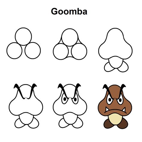 Step-by-step tutorial to draw a Goomba from Super Mario. Easy To Draw Mario, Mario Doodles Easy, Step By Step Mario Drawing, How To Draw Mario Step By Step Easy, Mario Drawing Easy Step By Step, Super Mario Characters Drawing, How To Draw Super Mario Characters, How To Draw Mario Step By Step, Super Mario Drawing Easy