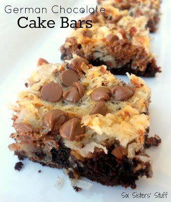 German Chocolate Cake Bars 9x13 with devilsfood Cake (no pudding) | Six Sisters' Stuff Chocolate Cake Bars Recipe, Chocolate Cake Bars, German Chocolate Bars, Cake Bars Recipe, Dessert Aux Fruits, German Chocolate Cake, Cake Bars, Cookie Bar Recipes, German Chocolate