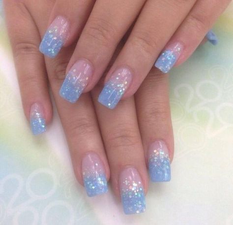 Light Blue French Tip Nails With Glitter, Sparkly Blue Tip Nails, Light Blue Sparkly Nail Designs, Blue Ombre Sparkle Nails, Light Blue Sparkly Acrylic Nails, Light Blue Glossy Nails, Light Blue Glitter Ombre Nails, Light Blue Sparkly French Tip Nails, Glittery Light Blue Nails