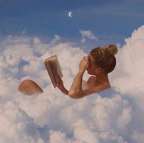 In The Clouds, The Clouds, A Book, A Woman, Floating, Moon, Reading, Art