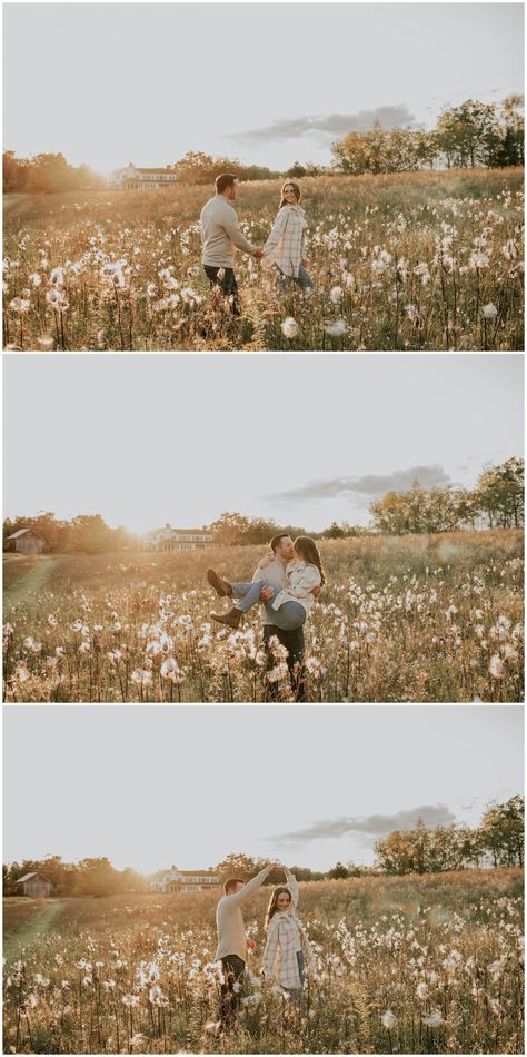 Imagine an enchanting meadow, alive with dancing cotton and dandelions, as the perfect backdrop for your fall engagement. The warm hues of the setting sun cast a magical glow over the scene, creating a dreamy and unforgettable moment to remember. Book your session with Sydney and get ready to soak in the the captivating charm of a dreamy meadow engagement! Photos by Sydney Madison Creative Engagement Photos Mood Board, Floral Engagement Photos, Meadow Engagement Photos, Dreamy Meadow, Fall Meadow, Romantic Farmhouse, Brothers Wedding, Fall Engagement Pictures, Pics Inspo