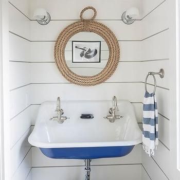 Drop In Tub Ideas - Transitional - bathroom - Milton Development Kohler Brockway Sink, Shiplap Trim, Round Mirror With Rope, House Bathroom Designs, Shiplap Bathroom, Nautical Bathroom, Rope Mirror, White Shiplap Wall, Trough Sink