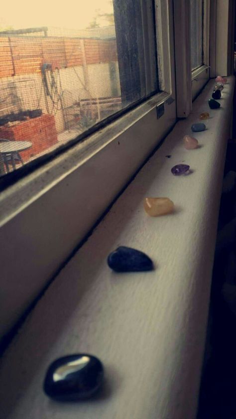 Crystal collection getting bigger, cleansing on the windowsill. Crystal Windowsill, Crystal Collection, Bedroom Inspo, Window Sill, London, Bedroom, Crystals, Quick Saves