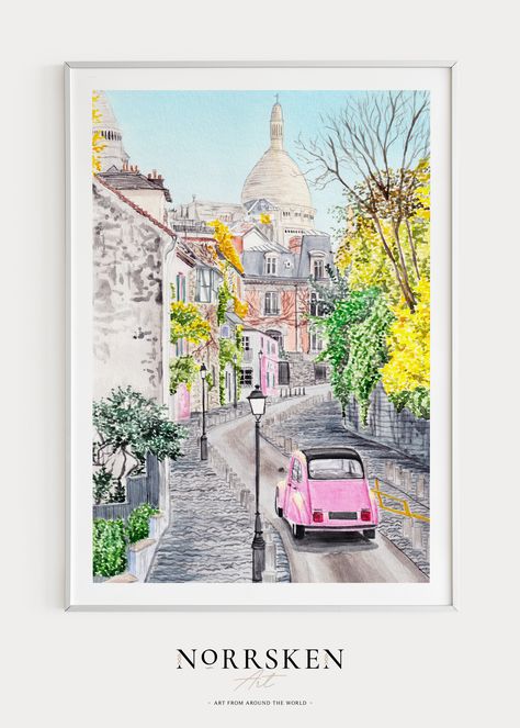 This watercolor painting of Montmartre in Paris France was created from my own original paintings and was printed in high-resolution images so you can download them instantly and print them yourself, either at home or by using a professional printing service! It’s an easy way to get high-quality artwork for less money than a physical art print. #montmartre #paris #lamaisonrose #housewarminggift #printableart #watercolor #travel #cityscape #france #walldecor #europe #ruedelabreuvoir Paris Art Print, Paris Wall Art, Paris Art, Watercolor Art Prints, Illustration Print, Watercolor Print, Paris France, Digital Painting, Watercolor Painting