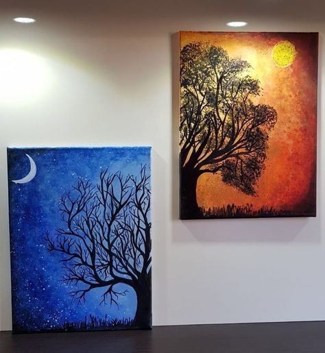 One Painting In Two Canvas, Wood Projects Painting, Dual Painting Ideas, 2 Canvas Painting Ideas Abstract, Split Canvas Painting Ideas Easy, 2 Person Painting Ideas, Meaningful Painting Ideas, Split Canvas Painting Ideas, Night And Day Painting