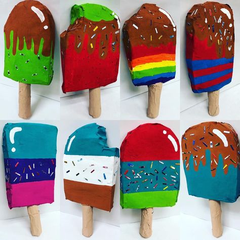 Andrew Cossaboon on Instagram: “4th Grade Paper Mache Popsicles. They turned out so amazing, the kids worked so hard. More pictures to come. #arted #art…” Elementary Paper Mache Projects, Middle School Paper Mache Projects, Paper Mache Food, Clay Bakery, Barbie Painting, Popsicle Art, Third Grade Art, Elementary Art Classroom, Paper Mache Projects