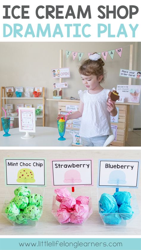 Set up an ice cream shop in your dramatic play space! Find ideas for setting up a gorgeous ice-cream store in your home corner and imaginative play area. Find ideas for making ice cream from tissue paper and other fun printables for signs, labels and order forms! Diy Play Ice Cream Shop, Pretend Play Ice Cream Shop, Diy Ice Cream Shop Pretend Play, Pretend Ice Cream Shop, Ice Cream Role Play, Summer Dramatic Play Ideas, Diy Ice Cream Shop, Ice Cream Shop Dramatic Play, Dramatic Play Space