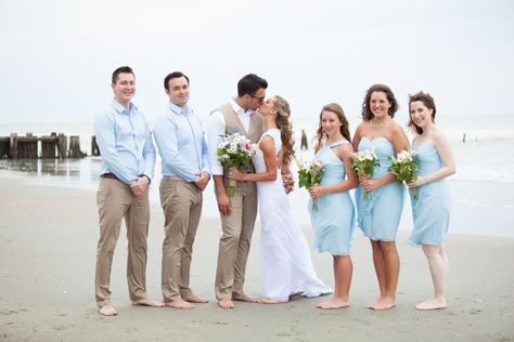 Light Blue Wedding Party, Beach Wedding Reception Decor, Khaki Wedding, Beach Wedding Themes, Wedding Party Clothes, Blue Wedding Party, Sky Blue Weddings, Blue Beach Wedding, Beach Wedding Decorations Reception