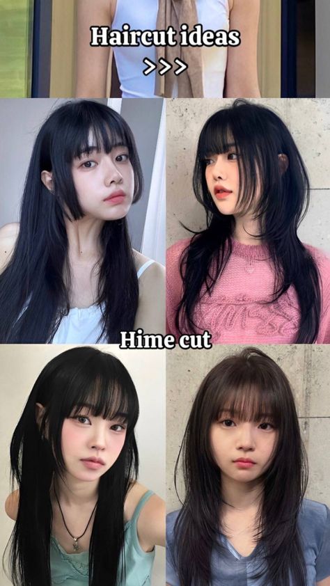 Hair cut ideas Hush Cut For Round Face, Hime Cut Round Face, Hime Cut Wavy Hair, Hime Wolf Cut, Anime Bangs Haircuts, Hime Cut Short Hair, Hime Cut Hairstyles, Hime Bangs, Haircuts For Oval Shaped Face