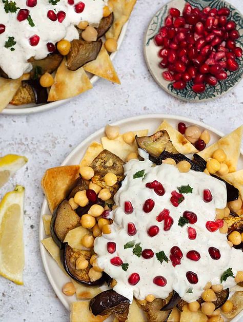 Healthy Lebanese Eggplant Fatteh - The Daily Dish Baked Pita Bread, Eggplant Fatteh, Lebanese Eggplant, Vegan Chow Mein, Gluten Free Pita Bread, Lebanese Breakfast, Fennel Pasta, Gluten Free Pita, Lebanese Salad