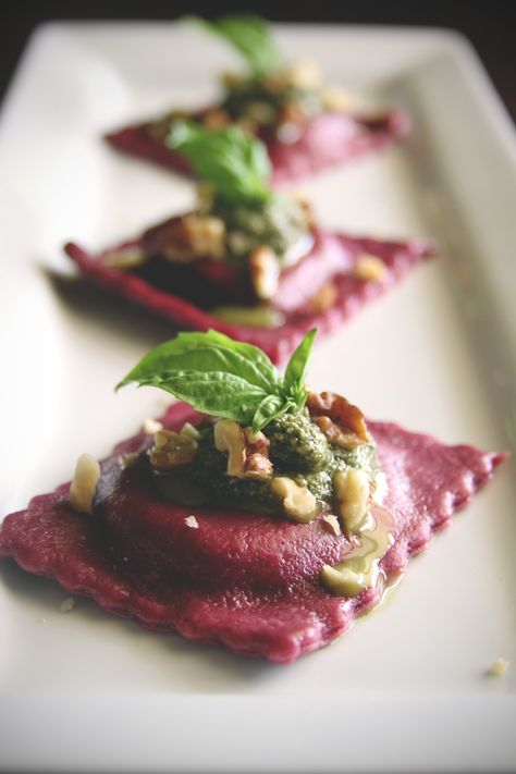 Goat Cheese and Sweet Pea Stuffed Beet Ravioli with Mint and Walnut Pesto Beet Ravioli, Walnut Pesto, White Plate, Homemade Pasta, Food Presentation, Food Plating, Ravioli, Beautiful Food, Goat Cheese