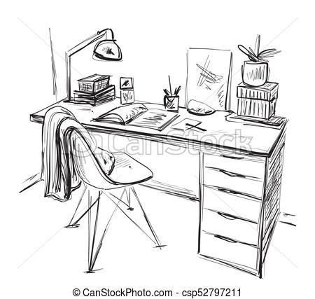 Study Table Drawing Sketch, How To Draw A Desk, How To Draw Table, Desk Drawing Sketch, Table Drawing Sketch, Room Drawings Sketches, Line Interior Design, Apartment Drawing, Desk Drawing