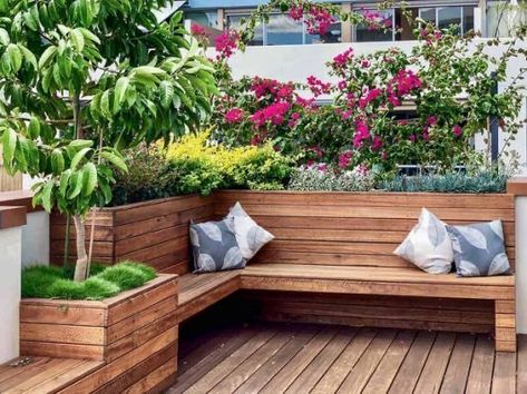 Soft Ceiling, Timber Planter Boxes, Built In Garden Seating, Garden Planter Box, Deck Planters, Garden Seating Area, Landscape Outdoor, Courtyard Gardens Design, Garden Planter Boxes