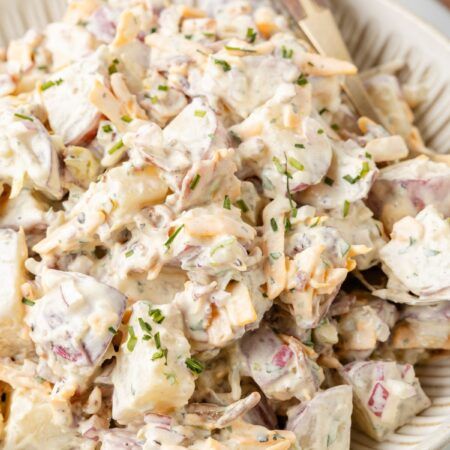 Steakhouse Potato Salad - Together as Family Smokehouse Potato Salad, Cream Cheese Potato Salad, Steak House Potatoes Salad, Eggless Potato Salad, Potato Salad With Cream Cheese, Potato Salad With Red Potatoes, Red Potatoes Recipes, Steakhouse Potato Salad, Arkansas Recipes