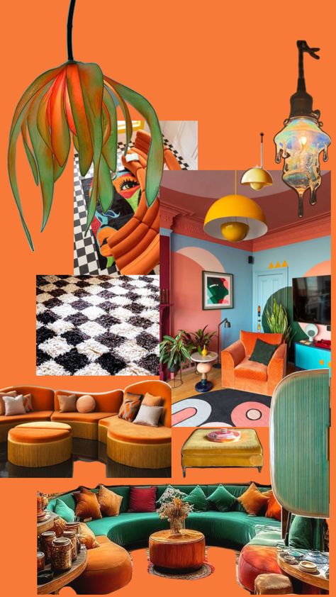 Orange Living Room Aesthetic, 70s Playroom, Pink And Orange Office, Orange And Pink Room Aesthetic, Hangout Room Ideas Teen Lounge, Pink And Orange Room, Hangout Room Ideas, Orange Office, Salon Office