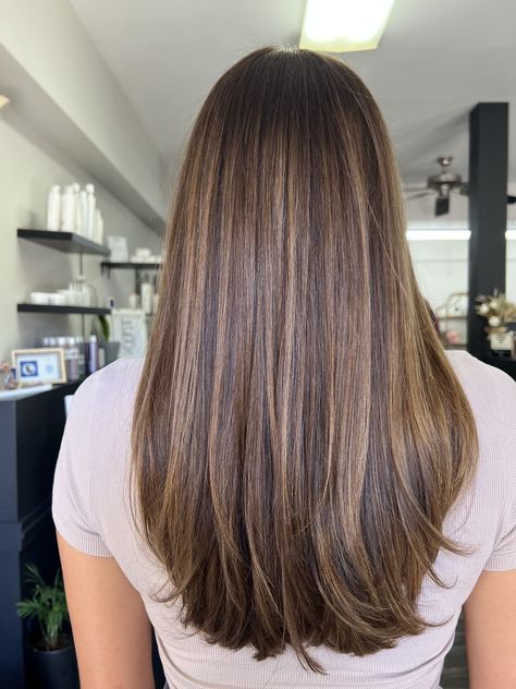 Trendy Balayage, Balayage Straight Hair, Brown Straight Hair, Dimensional Brunette, Brown Hair With Caramel Highlights, Wig Brown, Color Transition, Layered Hair With Bangs, Brunette Hair With Highlights