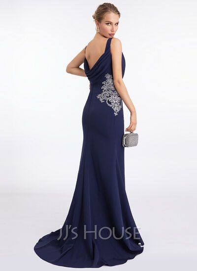 Trumpet/Mermaid V-neck Sweep Train Stretch Crepe Evening Dress With Lace (017198669) - JJ's House Prom Dress Gold, Prom Dresses Long Pink, Backless Evening Dress, Tulle Evening Dress, Mother Of Groom Dresses, Cheap Evening Dresses, Satin Evening Dresses, Sequin Evening Dresses, Chiffon Evening Dresses