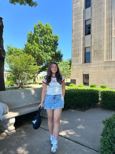 denim skirt, baby tees, cos bag, adidas sambas Cos Bag, Gray Skirt Outfit, Adidas Samba White, Cos Bags, Skort Outfit, White Summer Outfits, Adidas Sambas, Denim Skort, Denim Skirt Outfits