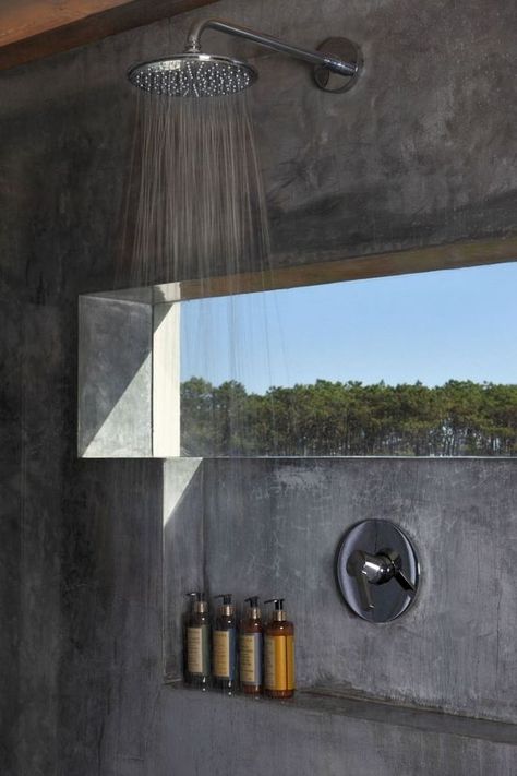 25 Beautiful Shower Niches For Your Beautiful Bath Products — DESIGNED w/ Carla Aston Drømme Bad, Concrete Shower, Exterior Windows, Window In Shower, Concrete Bathroom, Shower Niche, Outdoor Bathrooms, Windows Exterior, House Bathroom