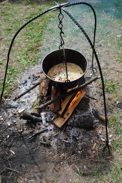 My medieval cauldron with mushroom and carrot soup (15th century recipe) simmering slowly. Camping Cooking Gear, The Great Mouse Detective, Medieval Festival, The Black Cauldron, Milk Pot, Carrot Soup, French Cooking, A Series Of Unfortunate Events, Camp Cooking