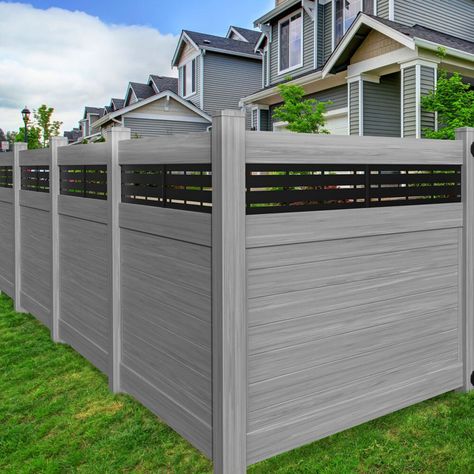 Horizontal Vinyl Fence Ideas, Vinyl Fencing Front Yard, Grey Privacy Fence, Barrette Outdoor Living, Horizontal Fence Panels, Board On Board Privacy Fence, Vinyl Fence Ideas Backyards, Modern Fence Design Wood, Vinyl Privacy Fence Ideas