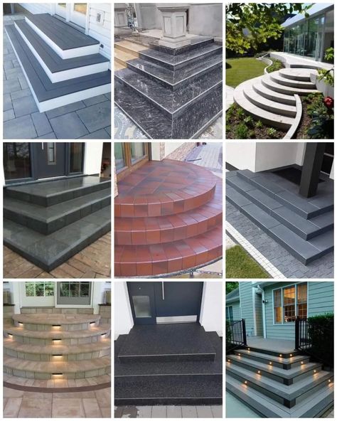 Entrance Steps Ideas ✨️ Main Entrance Stairs Design, Main Entrance Steps Design, Front Stairs Entrance, Entrance Steps Design, Outdoor Stairs To House Entrance, Front Door Steps Ideas, Entrance Steps, Front Door Steps, Types Of Stairs