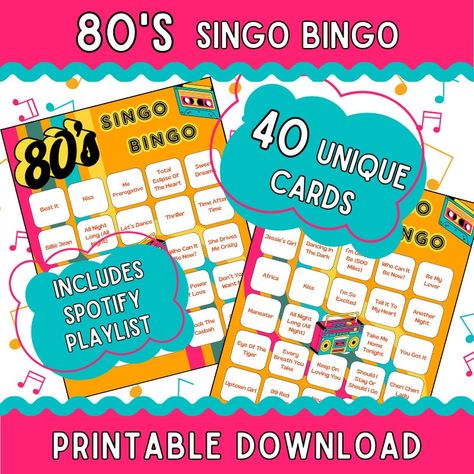 "80's Singo Bingo Game | 40 Cards | Digital Download -------------------- 🌈 Step back in time and relive the raddest era with this 80's Singo Bingo Card Game! Get ready for a blast from the past as you immerse yourself in the iconic music of the 1980's while enjoying the excitement of bingo  🌟Key Features🌟 🤘 80's Cheer: These Singo Bingo cards are filled with the most iconic tunes from the 80s. From hair metal to synth-pop, you'll be singing along and reminiscing about the good old days.  🌼 Quality Design: Designed with vibrant and fun 80's-themed graphics, these cards add a touch of funk to your game night. These digital Bingo cards and markers are designed for easy printing at home, ensuring a hassle-free and enjoyable game night.  🎁 Versatile Fun: Perfect for family gatherings, of Music Bingo, Shower Music, Party Games Printable, Bingo Sets, Bingo Party, Christmas Decorations Diy Crafts, Hair Metal, Fun Card Games, 80's Music