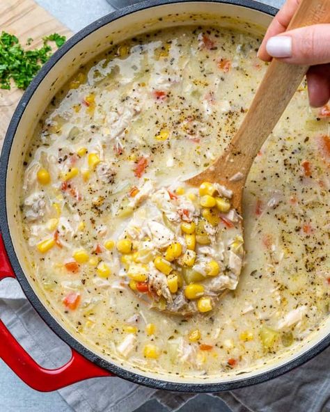 corn chowder soup with a hand holding a spoonful Light Corn Chowder, Chicken And Corn Recipes, Chicken Corn Chowder Soup, Chowder Recipes Healthy, Diet Soups, Chicken And Corn Soup, Soup Party, Amanda Nighbert, Easy Healthy Chicken