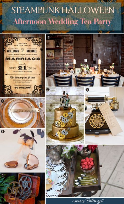 Styling a Steampunk Wedding Tea Party for Halloween! Steampunk Wedding Centerpieces, Steampunk Theme Party, Steampunk Party Ideas, Steampunk Party Food, Steampunk Party Decorations, Steampunk Wedding Themes, Fun Wedding Ideas, Punk Halloween, Vintage Tea Parties