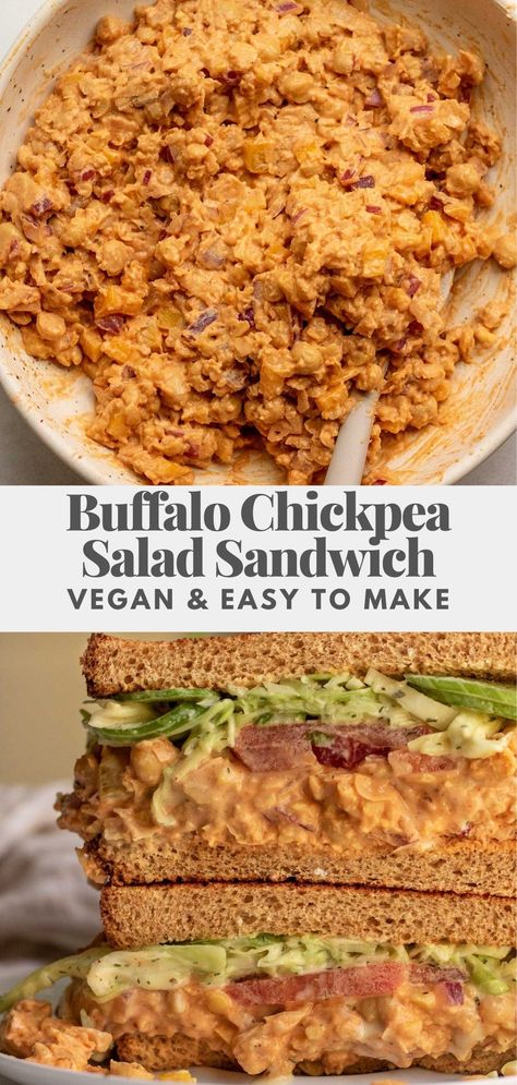 This Buffalo Chickpea Salad Sandwich is loaded with a flavorful and spicy buffalo chickpea filling and a ranch slaw. Easy to put together, no cooking and perfect for your next lunch meal prep. Chickpea Filling, Tahini Slaw, Buffalo Chickpea Salad, Meatless Protein, Ranch Slaw, Ny Deli, Vegan Buffalo Sauce, Chickpea Salad Vegan, Lazy Dinner