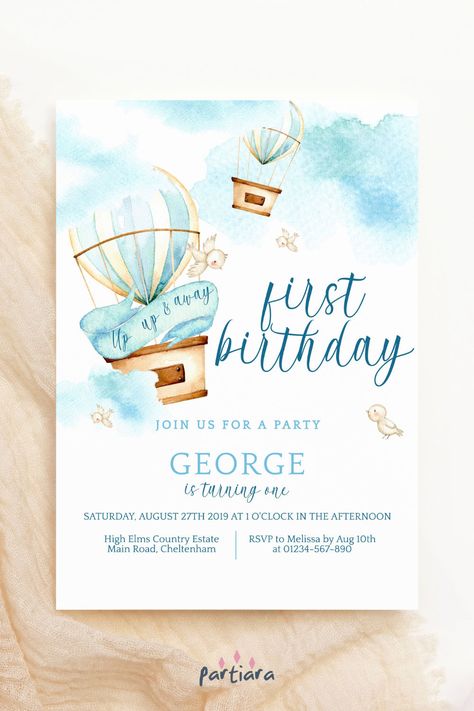 Self-editable 5x7" invite - follow the link for details and free demo! ♦ Easily edit online in your browser then download and print or send digitally ♦ Float up up & away in pastel hot air balloons, celebrating a boy's 1st birthday - with this rustic blue party invite ♦ #1stbirthdayinvite #1stbirthdayparty #boybirthday #invitationsboy #birthdayballoons #upupaway #hotairballoons #partyinvitetemplate Birthday Hot Air Balloon, Hot Air Balloon Invitation, Hot Air Balloon Birthday, Air Balloon Birthday, Balloon Birthday Party, Balloon Invitation, Its A Boy Balloons, Balloon Birthday, Birthday Party Invitation Templates