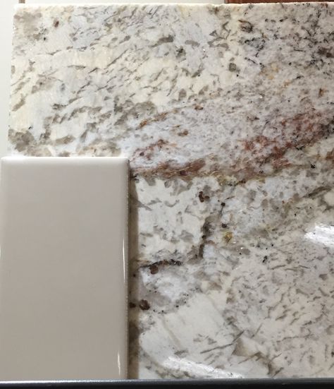 Kitchen granite- White Springs Backsplash- Dal Tile Urban Putty Putty Kitchen, Rustic Kitchen Remodel, Urban Putty, White Springs Granite, New Home Kitchen, Dal Tile, Brick Backsplash Kitchen, Kitchen Granite, Outdoor Kitchen Countertops