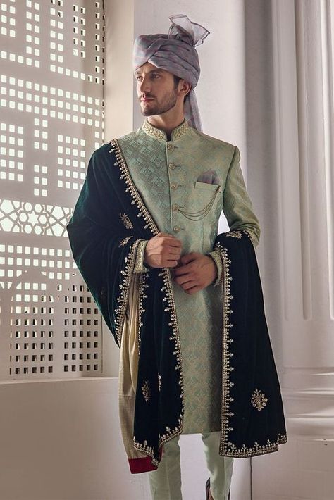 Daksh singh chauhan - the crowned prince and future king of Jodhpur i… #romance #Romance #amreading #books #wattpad Green Color Wedding, Sherwani Design, Indian Wedding Suits Men, Indian Wedding Clothes For Men, Groom Sherwani, Sherwani For Men Wedding, Wedding Kurta For Men, Wedding Dresses Men Indian, Zardosi Embroidery