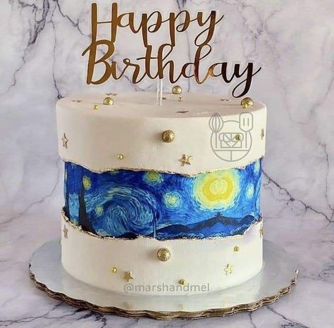 Starry Night Birthday Cake, Starry Night Cake Ideas, Van Gogh Cake Birthday, Starry Night Food Ideas, Bolo Van Gogh, Van Gogh Themed Party, Birthday Cake For Artist, Van Gogh Party Theme, Van Gogh Birthday Party