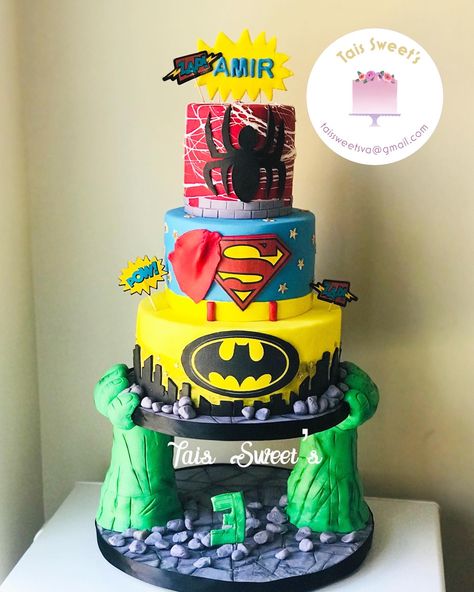 3 TIer  Super Hero cake!  #superhero
#3dcakes
#Spiderman 
#batman
#Superman Batman And Superman Cake, Superman Birthday Party Cake, Birthday Cake Superman, Wedding Cakes Half Batman, Cake Superhero, Batman Cake Rectangle, Super Hero Cake, Superman Cake, Hero Cake