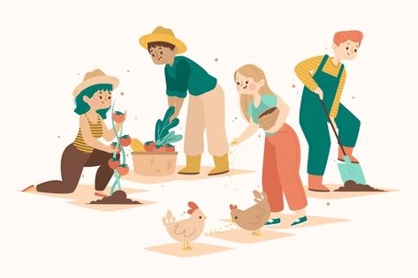 Organic farming concept Free Vector | Free Vector #Freepik #freevector #design Farming Illustration, Easy Drawings For Beginners, Minimal Photo, Farm Logo, Autumn Illustration, Vintage Scrapbook, Kid Character, People Illustration, Book Projects