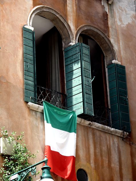 Window With Italian Flag, Venice, Italy  2011 / by Marny Perry Italian American Aesthetic, Saved By His Grace, Study Abroad Travel, Italy Culture, By His Grace, Italy Vibes, Spain Aesthetic, Italian Aesthetic, Italy Flag