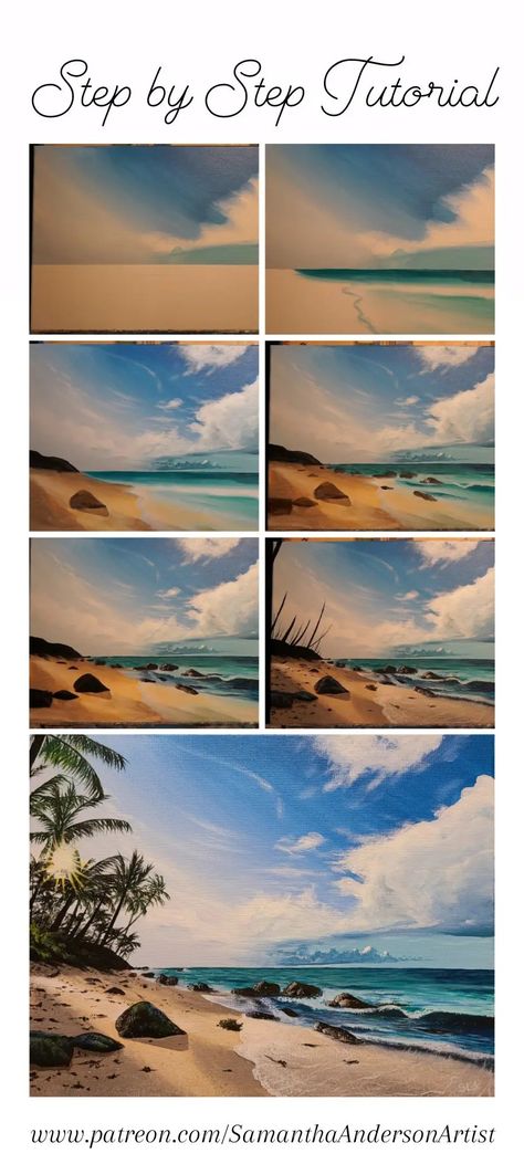 Beach painting Palm trees rocks waves ocean Summer Landscape Painting Acrylics, Acrylic Water Painting Tutorial, How To Paint Scenery Step By Step, Acrylic Painting Ideas Tutorial, Paint Nite Step By Step, Paint Along Tutorials Acrylic, Canvas Painting Tutorials Step By Step, Acrylic Painting Process, How To Paint Sand