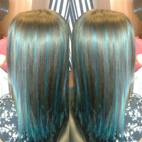 Mermaid blue teal blue peekaboo highlights on dark brown hair Teal Hair Highlights, Blue Peekaboo Highlights, Highlights On Dark Brown Hair, Blue Peekaboo, Blue Brown Hair, Blue Hair Highlights, Dyed Tips, Peekaboo Highlights, Peekaboo Hair