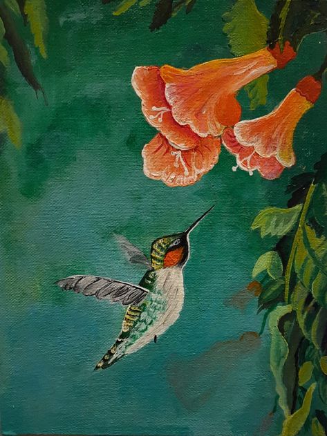 Mockingbird Painting, Feng Shui Paintings, Trumpet Flowers, Garden Mural, Hummingbird Painting, Flowers Acrylic, Number Art, Card Inspo, Hummingbird Art