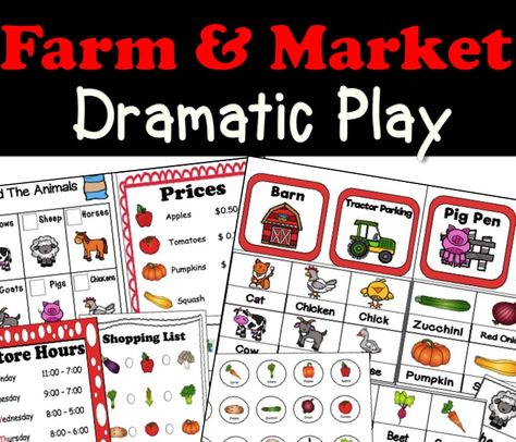 Welcome to our Farmer's Market! Explore farm animals, crops, and more with these Dramatic Play resources and visuals! Market Dramatic Play, Open Close Sign, Sheep Barn, Feed The Animals, Red Pumpkins, Pig Pen, Closed Signs, Dramatic Play Centers, Farm Market