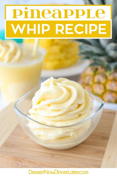 This Pineapple Whip (aka Dole Whip) is a Disney copycat recipe. With only 4 ingredients and a blender, you can make this easy pineapple soft-serve at home! Dole Whip Disney Recipe, Pineapple Whip Recipe, Tasty Dessert Recipes, Ice Cream Maker Recipes Healthy, Dole Pineapple Whip, Easy Churros Recipe, Pineapple Fluff, Recipes With Cool Whip, Pineapple Soft Serve