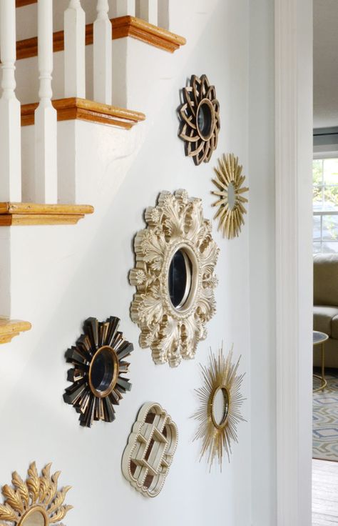 Unique Wall Decor Ideas Creative, Gold Starburst Mirror, Unique Wall Decor Ideas, Wall Trends, Mirror Gallery Wall, Starburst Wall Decor, Spray Paint Colors, Starburst Mirror, Wall Signage