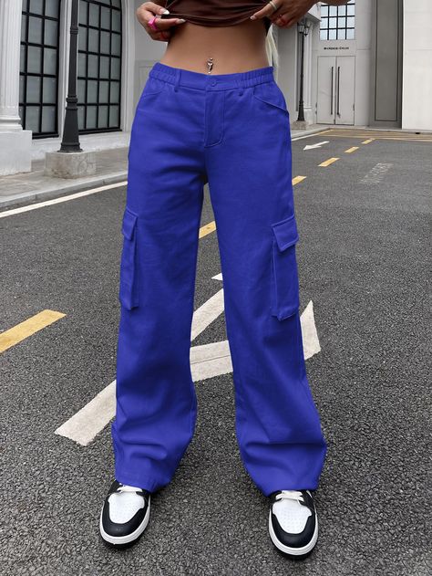 Royal Blue Casual Collar  Cotton Plain Cargo Pants Embellished Non-Stretch Spring/Summer/Fall Women Bottoms Royal Blue Cargo Pants Outfit, Blue Cargo Pants Outfit Woman, Cargo Pants Outfit Blue, Electric Blue Pants Outfit, Blue Cargo Pants Outfit, Electric Blue Pants, Green Cargo Pants Outfit, Pants Embellished, 23 Style