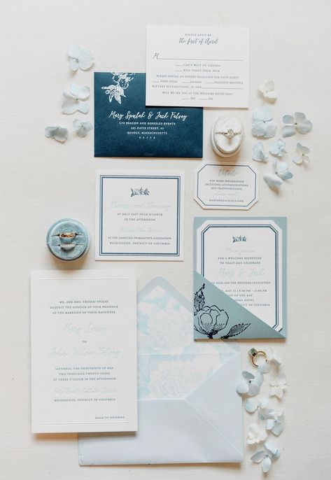 Nantucket-inspired blue and white wedding in Washington, DC Pastel Blue Wedding, Blue Wedding Stationery, Classic Wedding Stationery, Botanical Wedding Stationery, Event Stationery, Blue And White Wedding, East Coast Wedding, Classic Wedding Invitations, Luxury Wedding Invitations