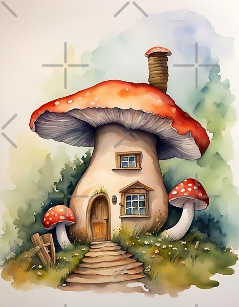 Dive into the forest's allure with our watercolor artwork—five charming Amanita muscaria mushrooms create a whimsical scene on the forest floor. Capturing nature's magic, this piece adds enchantment to any space. Mushroom Fairy House Painting, Mushroom House Watercolor, Mushroom Project, Cute Mushroom House, Mushroom Scene, Autumn Printables, Mushroom Village, Forest Drawing, Decorate Notebooks