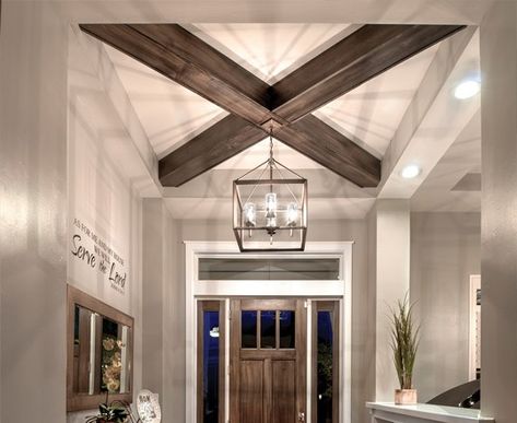 Adding Wood Beams to Your Home on a Budget - Mobile Home Repair Beam And Panel Ceiling, Wood Beams Entryway, Grid Beams Ceiling, X Beams On Ceiling, Covered Ceiling Ideas, Cross Beams On Ceiling, Adding Ceiling Beams, Double Wide Ceiling Ideas, Wood Beams In Tray Ceiling