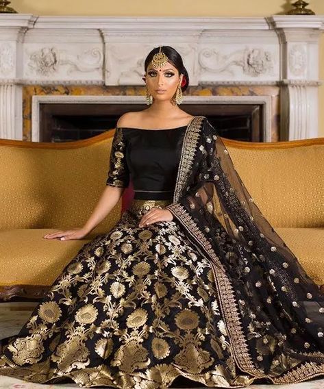 Heavy Lengha, Heavy Bridal Lehenga, Poonams Kaurture, Off Shoulder Lehenga, Bridal Lehenga Wedding, Brocade Lehenga, Indian Bridesmaid Dresses, Indian Bridesmaids, Black Lehenga